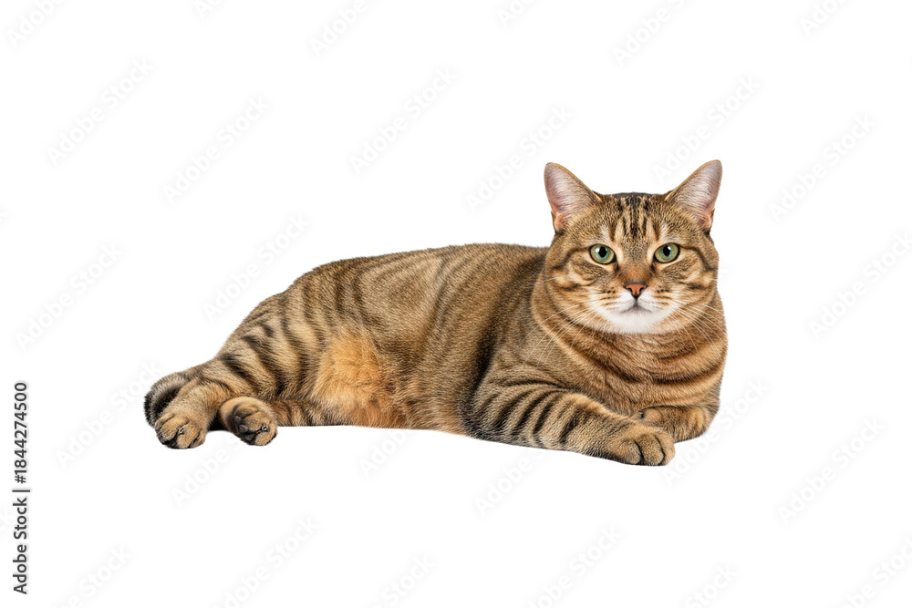 Obraz premium Striped tabby cat lying down with green eyes and relaxed posture isolated on transparency background, full body cutout showing detailed fur pattern and calm expression