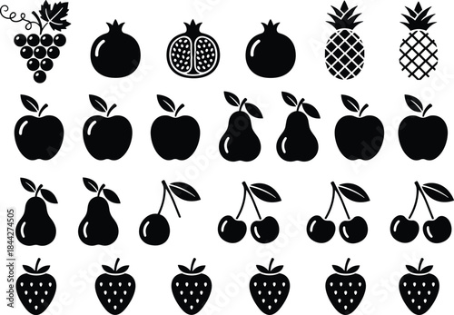 PrintSet of Black Fruit Silhouettes Vector, Including Grapes, Apples, Pears, Cherries, Strawberries, Pineapple, and Pomegranate for Healthy Food Concepts.