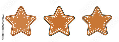 Three festive gingerbread star cookies with white icing decoration on a white background, perfect for holiday season designs.