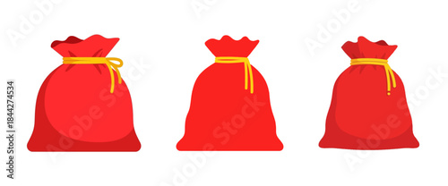 Three red drawstring gift bags with yellow ribbons on a white background.