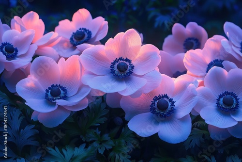 Vibrant Anemone Flowers Glowing with Pink and Blue Light in a Dreamy Garden Setting
