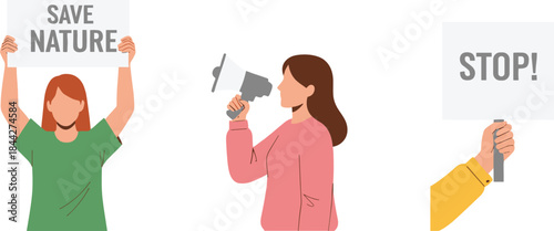 Flat vector illustration of diverse protest actions with people holding signs and using megaphones to raise awareness for social and environmental causes.