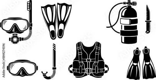 Diving equipment silhouette, Scuba diving equipment silhouette, Equipment silhouette, Diving element vector, Snorkeling gear icons set