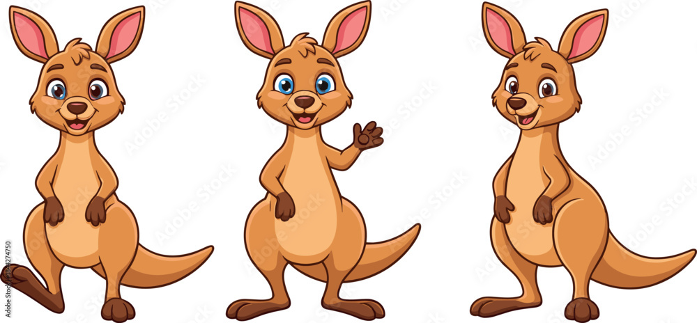 Obraz premium Cute Cartoon Trio of Happy Brown Kangaroos Standing and Waving, Adorable Australian Wildlife Characters Vector Illustration for Kids.