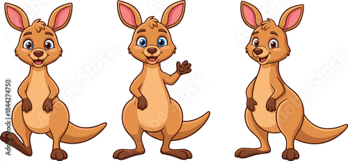 Cute Cartoon Trio of Happy Brown Kangaroos Standing and Waving, Adorable Australian Wildlife Characters Vector Illustration for Kids.