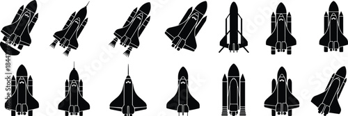 PrintSpace shuttle silhouette, launch icon vector, spacecraft graphic design, black outline illustration, rocket booster shape, aerospace technology, flight symbol