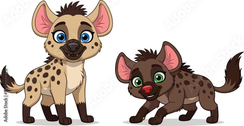 Cute Cartoon Trio of Spotted Hyena Faces Posing Closely, Happy African Safari Wild Animal Characters Vector Illustration for Kids.
