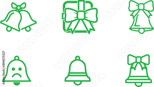 Collection of festive green outline Christmas bells a gift box and various notification icons
