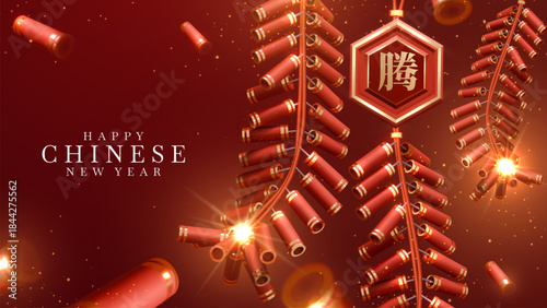 Realistic 3D Chinese firecrackers with golden sparks on red background for Chinese New Year celebration. Luxury poster card design for festive holiday. Vector illustration.