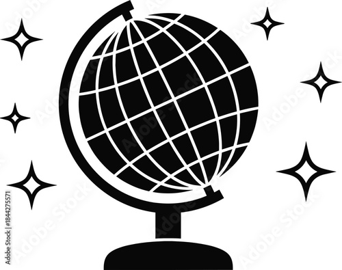 Globe icon illustration with sparkling decorative elements, perfect for travel concepts, education graphics, geography themes, and global branding designs