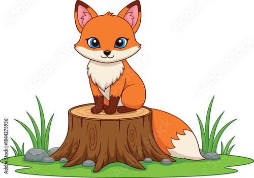 Adorable Red and White Cartoon Fox with Blue Eyes Sitting Happily on a Tree Stump, Cute Woodland Animal Vector Illustration for Kids.