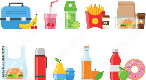 Flat Vector Illustration Set of Convenient Takeout and School Lunch Items, Featuring a Lunchbox, Banana, Drinks, French Fries, and Coffee Cups.