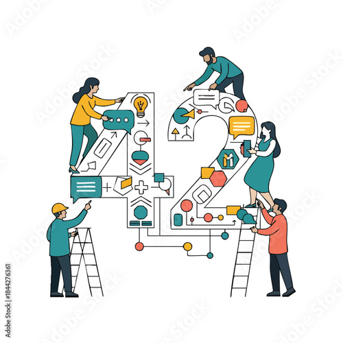 Diverse team members collaboratively construct the number 42, integrating various digital and business icons, symbolizing collective problem-solving and innovation.