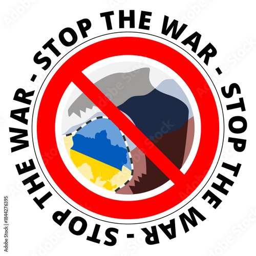 illustration with symbol as a traffic warning sign with with stop the war showing an attempt by a larger country with the outline of a monster to swallow up a smaller country as the nation of ukraine
