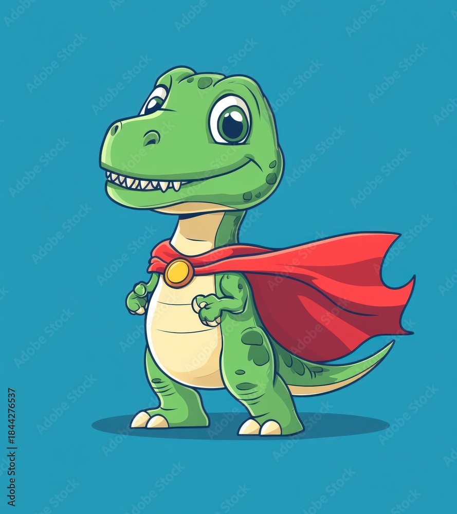 Fototapeta premium Superhero Green Dragon with Red Cape Cartoon Character