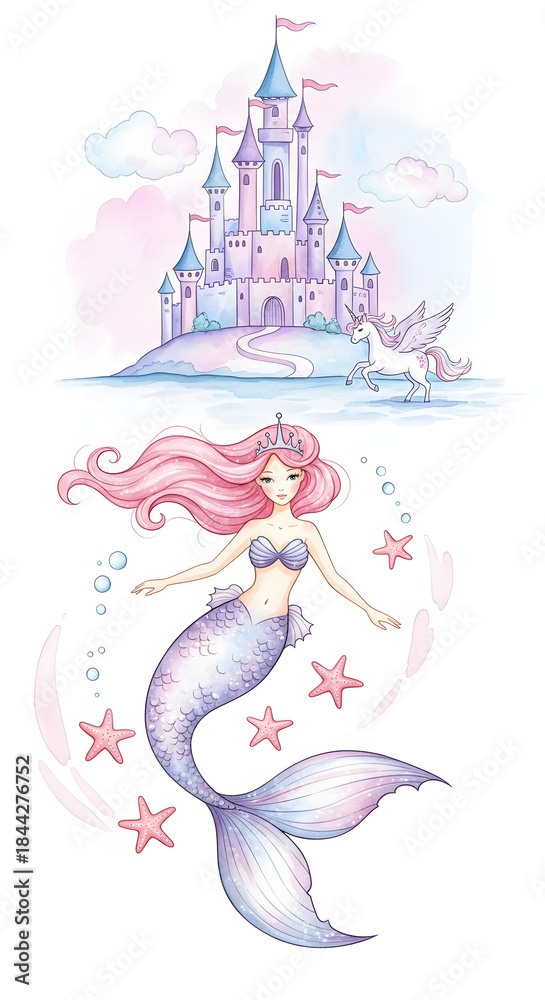 Obraz premium Magical fairy tale illustration featuring a pink mermaid with stars and a Pegasus unicorn flying near a dreamy castle under a pastel sky