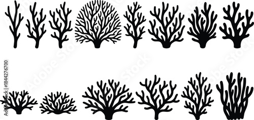 Coral reef silhouette illustration set with underwater sea coral shapes in black style for ocean, marine and aquatic design projects