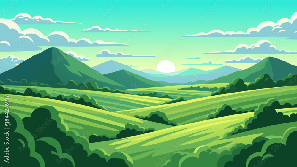 Naklejka premium A vibrant, stylized landscape painting of rolling green hills under a bright, sunny sky with fluffy clouds.
