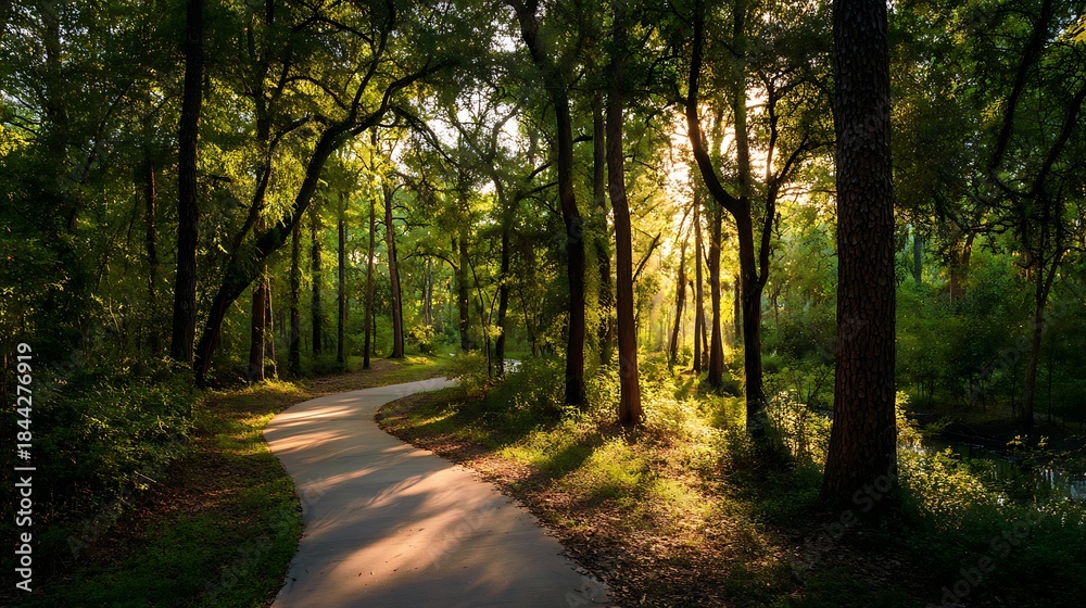 Fototapeta premium Serene forest path with sunlight filtering through trees and greenery.