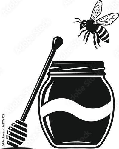 Honey jar illustration with bee and dipper in bold silhouette style, perfect for food graphics, beekeeping themes, natural product labels, and packaging