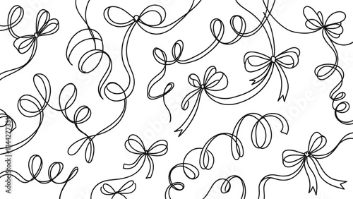 Hand Drawn Bow and Ribbon Line Elements Set Featuring Decorative Curls, Doodles, Elegant Flourishes, Minimal Black Vector Design for Invitations and Branding Projects