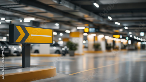 A smart parking garage guiding drivers with LED arrows and real-time occupancy screens, creating a seamless high-tech navigation experience in a busy city center. cinematic color correction,