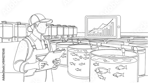 High-Quality Black Continuous Line Art of Fisheries Biologist Monitoring Aquaculture Tanks with Data Charts