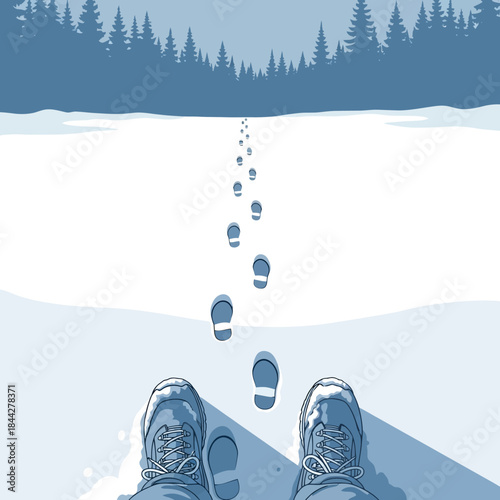 Winter Path Fresh Snow Footprints Leading Through a Forest Landscape