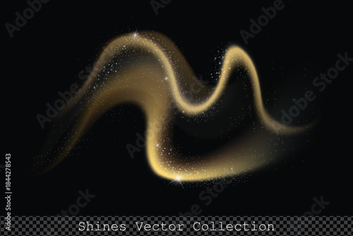 Luxury golden element with twinkles, smoke with golden bokeh lights and stardust, magic vector illustration on transparent background for decoration, presentations, greetings and advertising