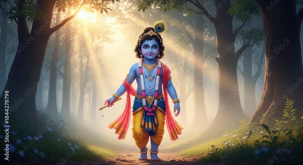 Fototapeta premium Krishna in Vrindavan. Morning Mist Glow. Devotional 4K Art.