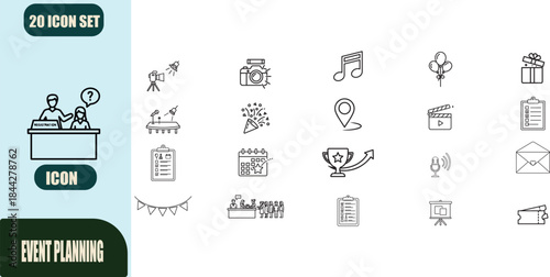 Event planning line editable icon set. Contain icons related to event organization, celebration, party, wedding, management, and more. Editable stroke. vector illustration