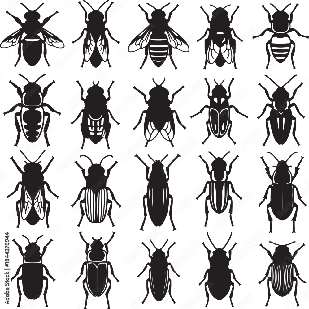 Naklejka premium Collection of various insect silhouettes including bees and beetles isolated on transparent background for design and educational purposes