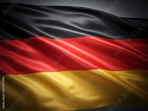 Waving German flag with black, red, and gold colors in dramatic lighting
