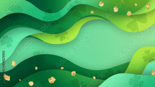 Abstract Green Waves with Gold Glitter and Clover Leaves