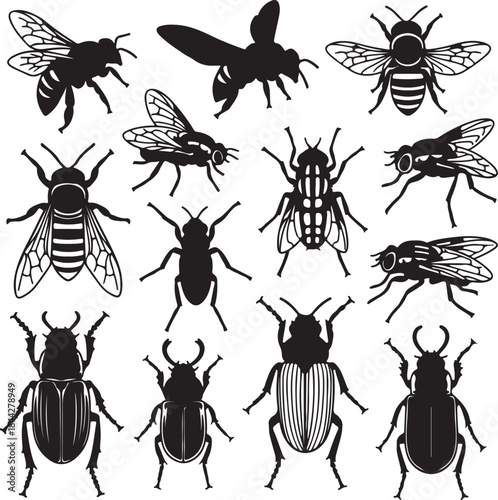 Collection of various insect silhouettes including bees flies and beetles isolated on a transparent background for design and illustration purposes