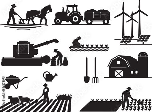 Farm equipment and activities illustration featuring tractors windmills barns and farmers working in fields