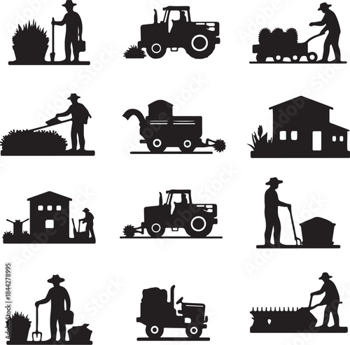 Farmers working on agricultural fields with tractors and tools farmhouse and equipment silhouettes