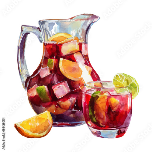Watercolor vector illustration of Sangria, isolated on white background.