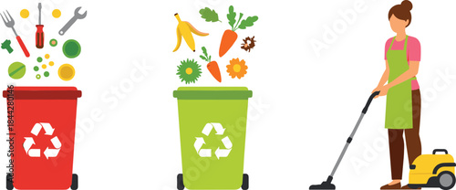 Recycling bins and cleaning worker illustration set showing waste sorting, compost materials, and vacuuming tasks