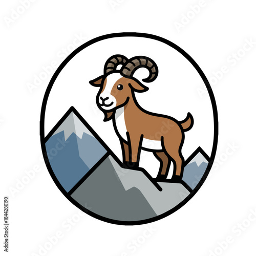 Flat Goat Mountain Logo Icon, Simplified Cartoon Goat on Mountain Ridge, Vector Illustration