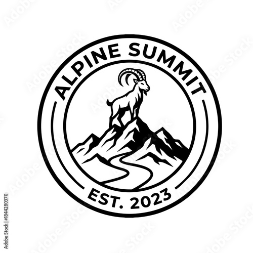 Badge Style Goat Mountain Logo, Circular Emblem, Goat on Summit, Clean Border Lines, Vector Illustration