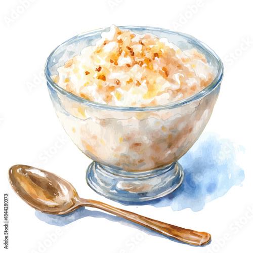 Rice Pudding, watercolor painting, vector illustration, isolated on a white background.
