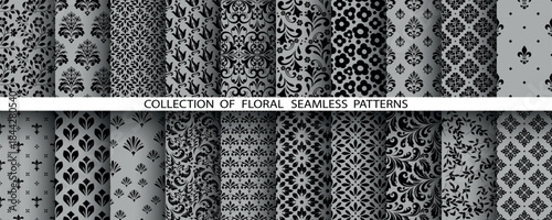Geometric floral set of seamless patterns. Gray and black vector backgrounds. Damask graphic ornaments