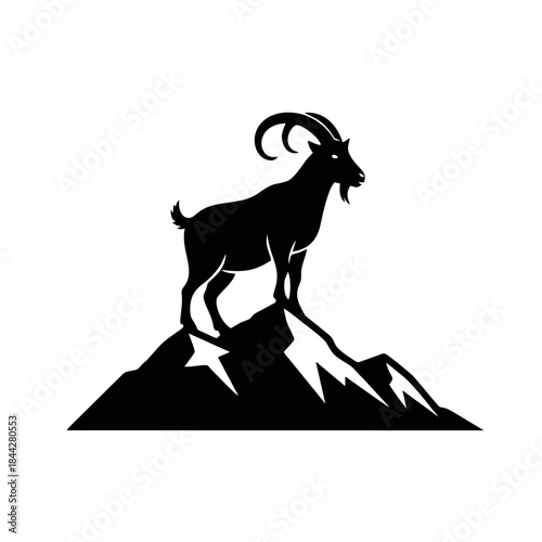 Goat Silhouette Mountain Logo, Side View Goat on Rocky Mountain, Solid Black Fill, Vector Illustration