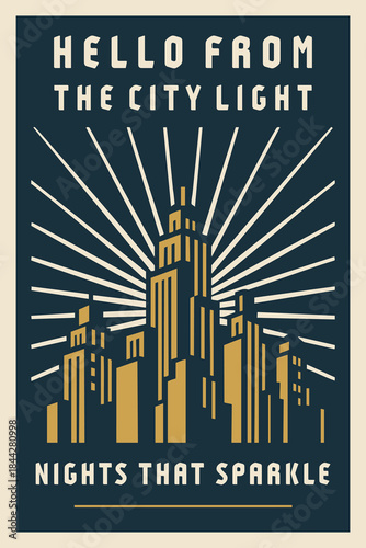 City lights greeting poster with radiant skyline