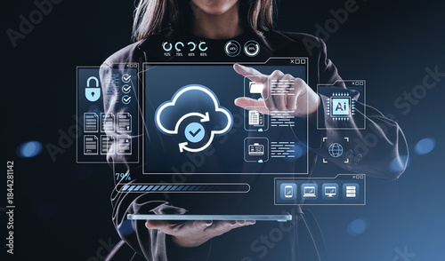 Fotografi Businesswoman interacting with cloud computing hologram interfac