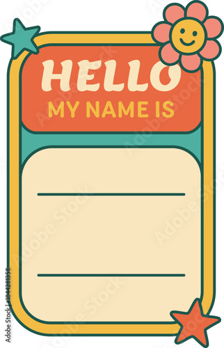 Playful hello name tag with doodle flowers