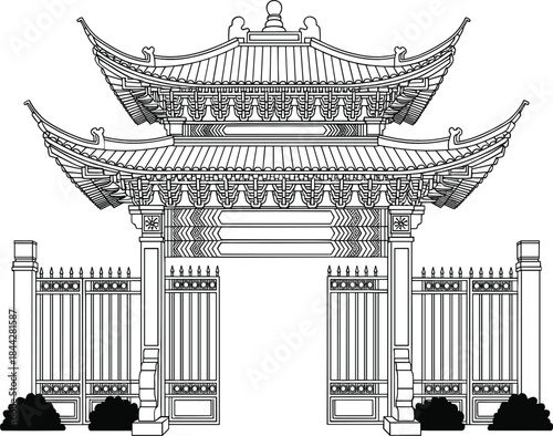 Traditional Asian temple gate illustration with ornate architectural details, perfect for cultural artwork, historical designs, tourism graphics, and heritage themes