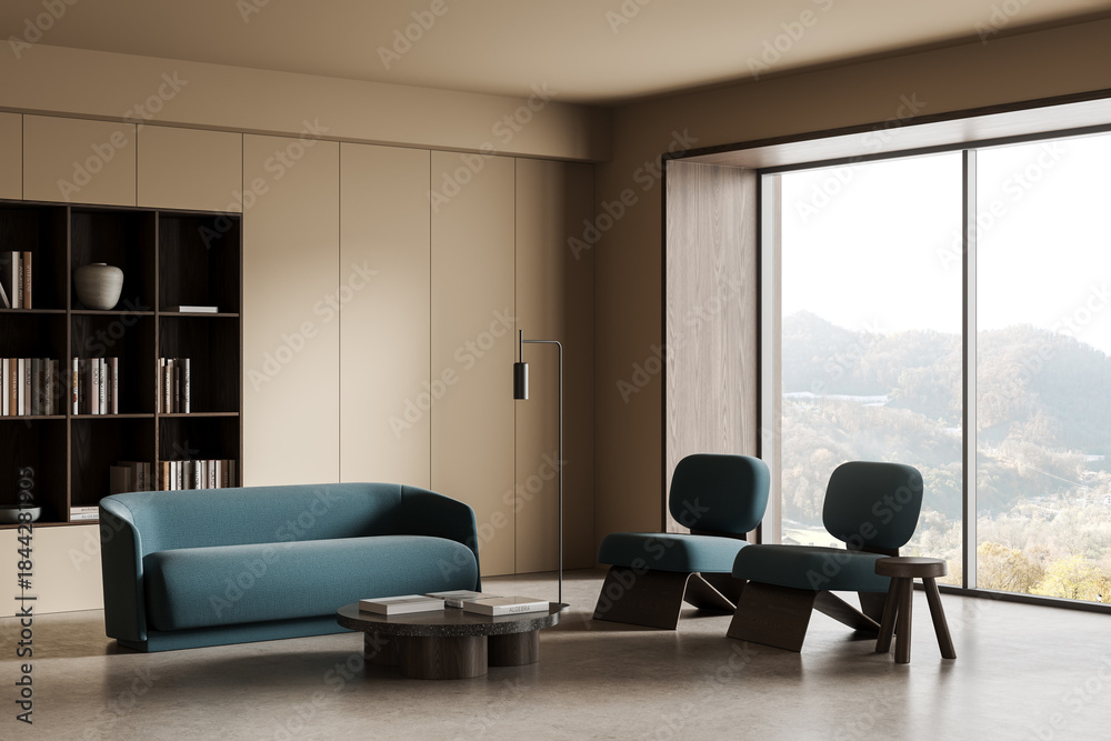 Naklejka premium Modern minimalist interior design with blue furniture and panoramic window in cozy living room setup with scenic mountain view. 3D Rendering. 3D Rendering