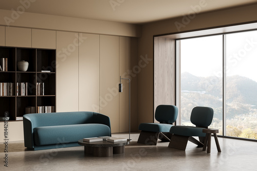 Modern minimalist interior design with blue furniture and panoramic window in cozy living room setup with scenic mountain view. 3D Rendering. 3D Rendering